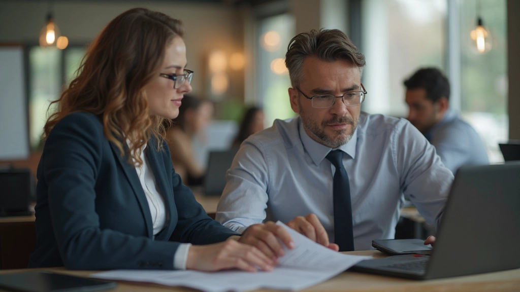 Профессиональное фото ноутбука с приложением управления проектами на экране, команда в видеоконференции, современный офис, теплое освещение, размытый фон, без текста