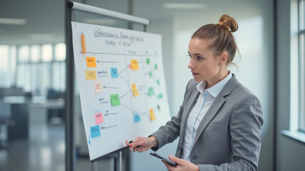 Профессиональная матрица Эйзенхауэра, нарисованная на доске, человек указывает на квадранты, планирование задач, размытый фон, естественное освещение