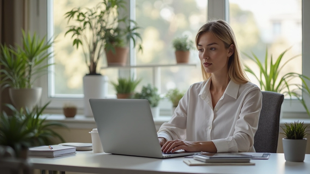 Профессиональная фотография человека, работающего на ноутбуке за организованным рабочим столом с кружкой кофе, растением и документами